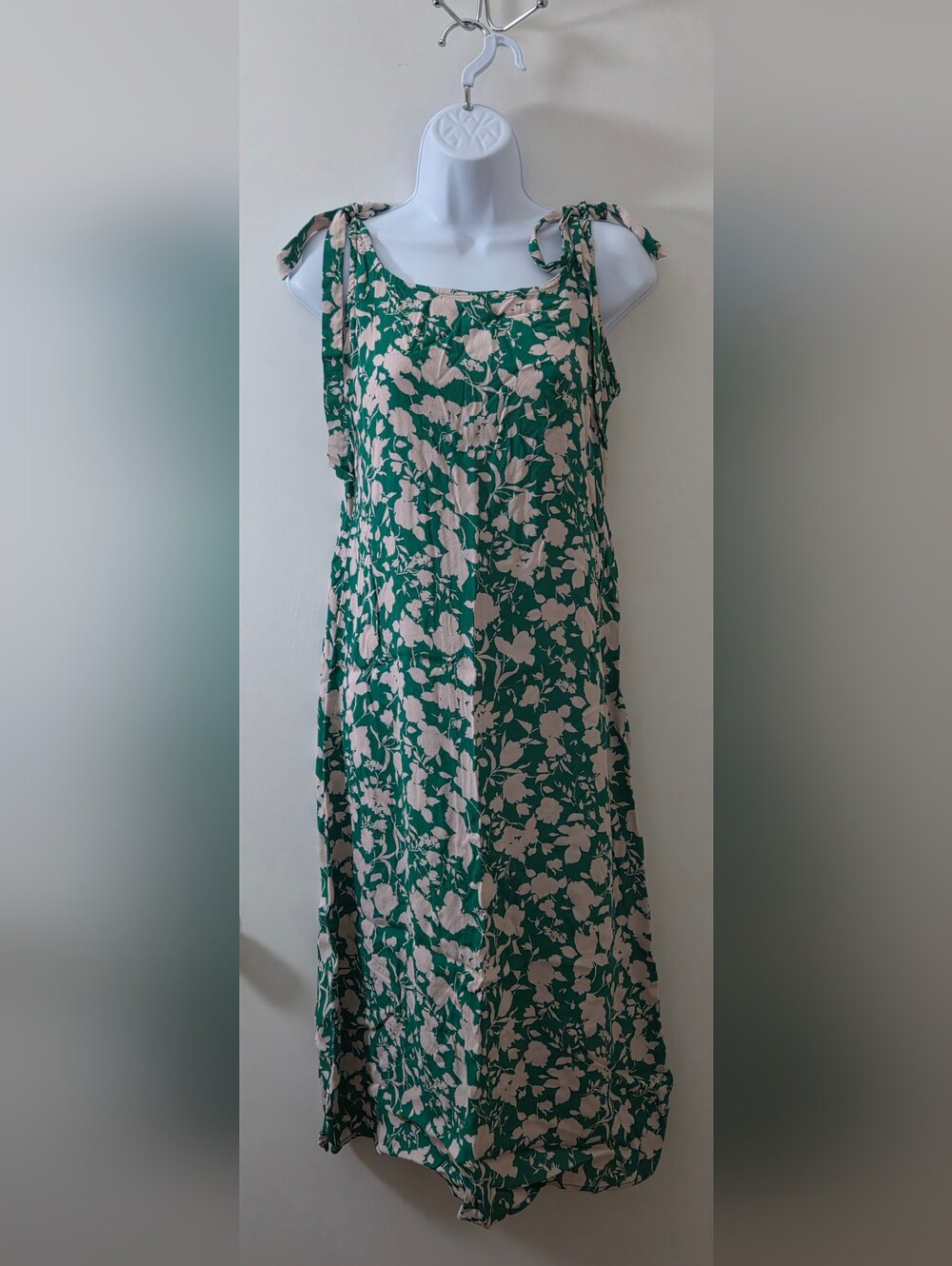 Green Floral Maxi Dress with Cream Floral Print and Tie Straps